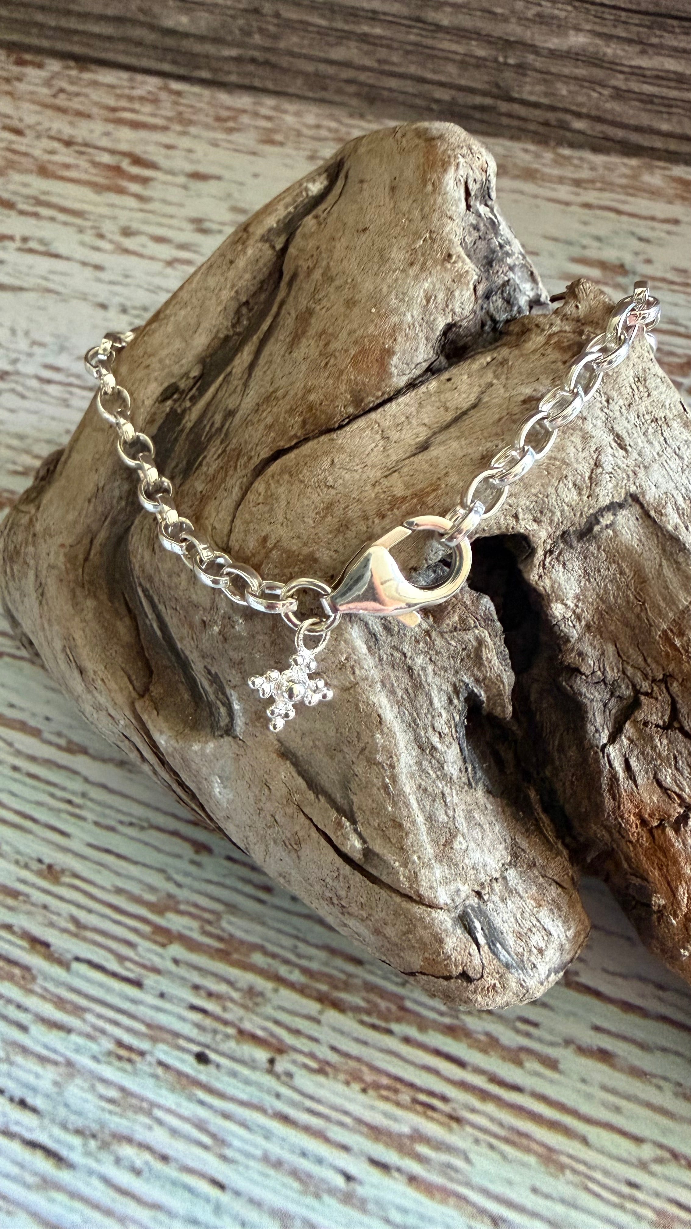 Granulated cross charm chain bracelet